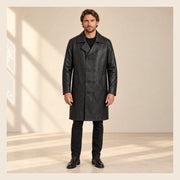 MOTOGRIP Ashvale men's Black Sheepskin Leather Trench Coat, front view on a model.