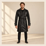 MOTOGRIP Bramwell men's 1970s Black Leather Trench Coat, front view on a model.