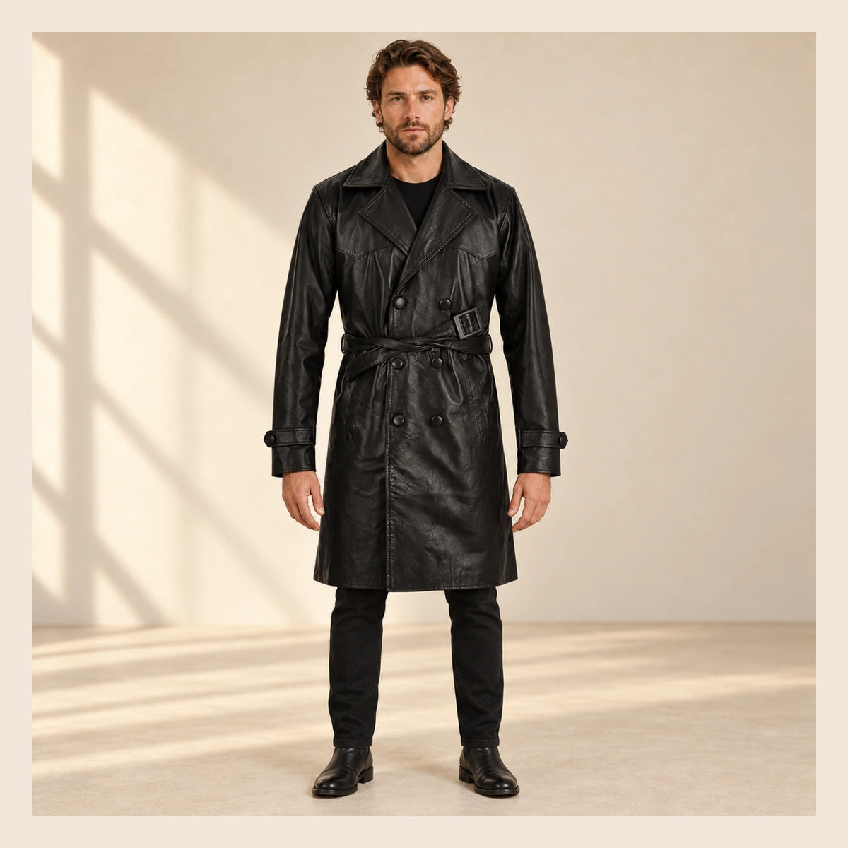 MOTOGRIP Bramwell men's 1970s Black Leather Trench Coat, front view on a model.