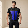 Men's Black & Blue Perforated Leather Motorcycle Vest - motogrip mens black blue perforated leather motorcycle vest close up