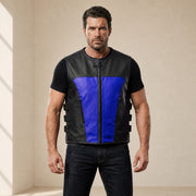 Men's Black & Blue Perforated Leather Motorcycle Vest - motogrip mens black blue perforated leather motorcycle vest model fro