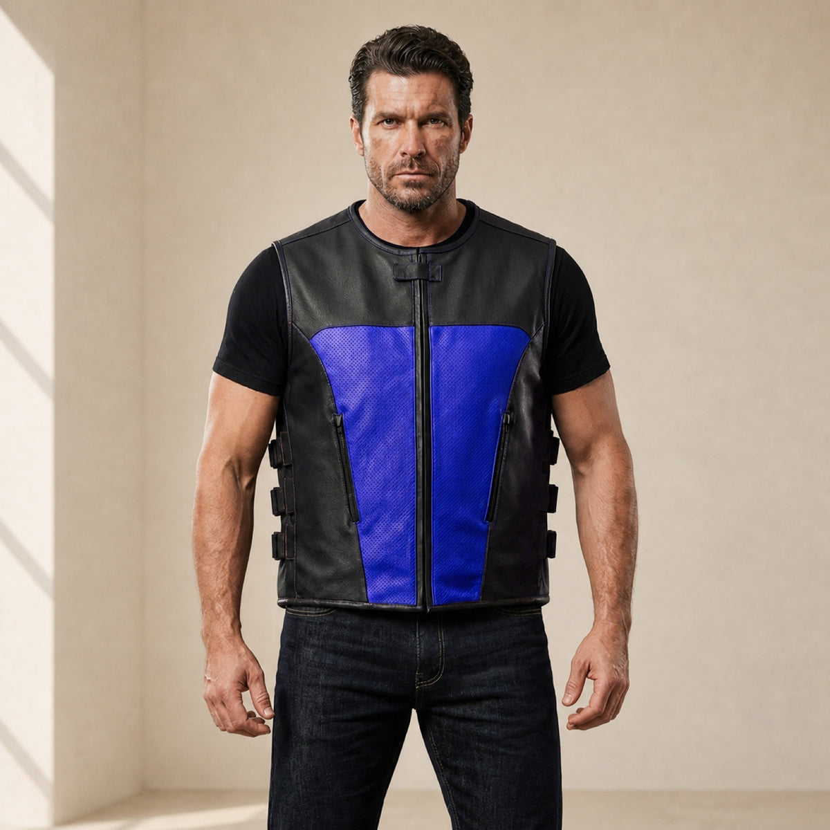 Men's Black & Blue Perforated Leather Motorcycle Vest - motogrip mens black blue perforated leather motorcycle vest model fro