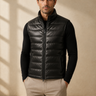 Men's Black Quilted Lambskin Leather Puffer Vest - motogrip mens black lambskin leather puffer vest detail view by MOTOGRIP G