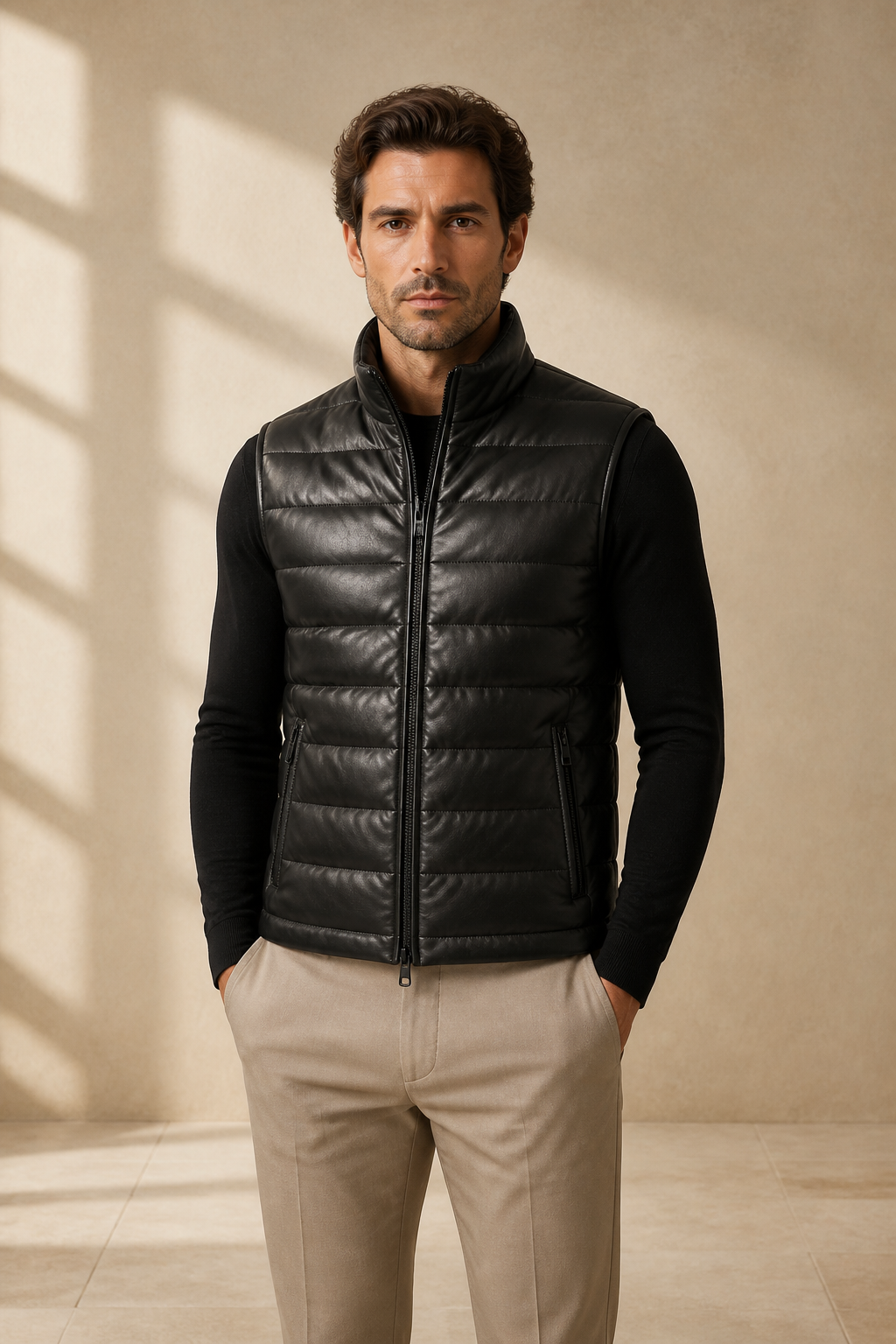 Male model wearing the MOTOGRIP men's black quilted lambskin leather puffer vest, front view