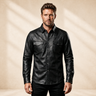 Men's Black Lambskin Leather Biker Shirt - motogrip mens black lambskin leather shirt close up view by MOTOGRIP GEAR