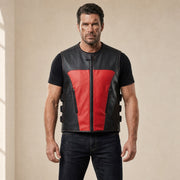 Men's Black & Red Perforated Leather Motorcycle Vest - motogrip mens black red perforated leather motorcycle vest model front