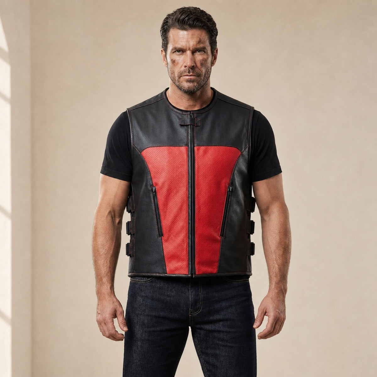 Men's Black & Red Perforated Leather Motorcycle Vest - motogrip mens black red perforated leather motorcycle vest model front