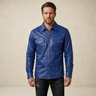 Men's Blue Lambskin Leather Biker Shirt - motogrip mens blue lambskin leather shirt close up view by MOTOGRIP GEAR