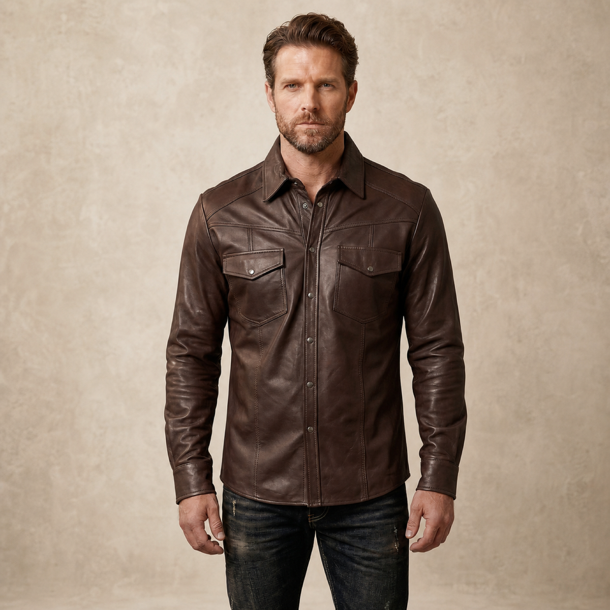 Male model wearing the MOTOGRIP men's brown lambskin leather biker shirt, front view