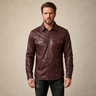 Men's Burgundy Lambskin Leather Biker Shirt - motogrip mens burgundy lambskin leather shirt close up view by MOTOGRIP GEAR