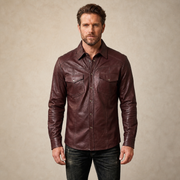Male model wearing the MOTOGRIP men's burgundy lambskin leather biker shirt, front view