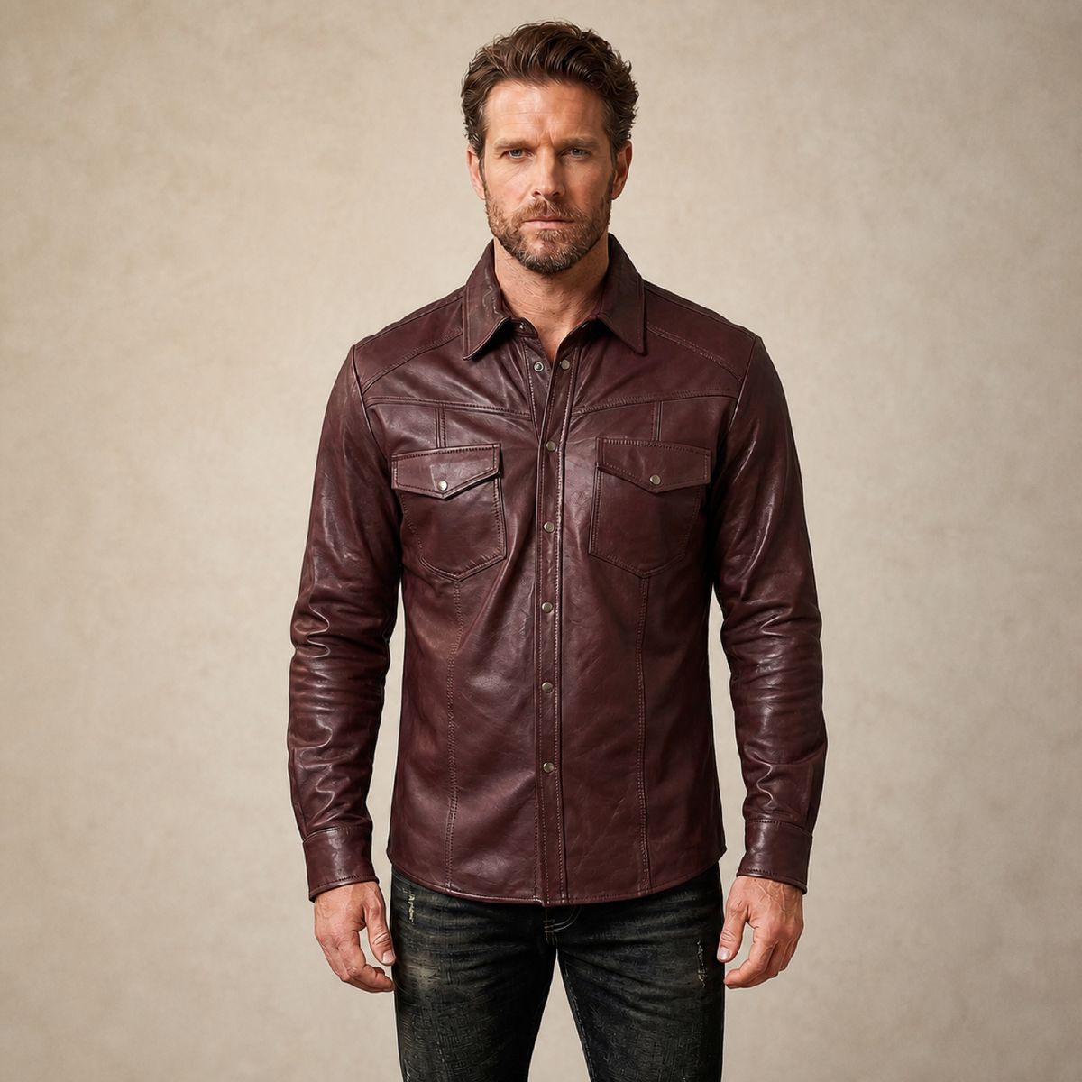 Male model wearing the MOTOGRIP men's burgundy lambskin leather biker shirt, front view