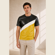 Male model wearing a MOTOGRIP black, white and mustard lambskin leather T-shirt, front view