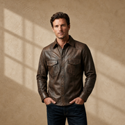 Male model wearing the MOTOGRIP men's distressed brown lambskin leather shirt, front view
