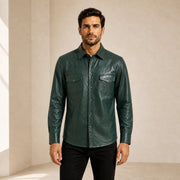 Men's forest green lambskin leather shirt shown from the front on a model.