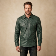 Male model wearing the MOTOGRIP men's green lambskin leather biker shirt, front view