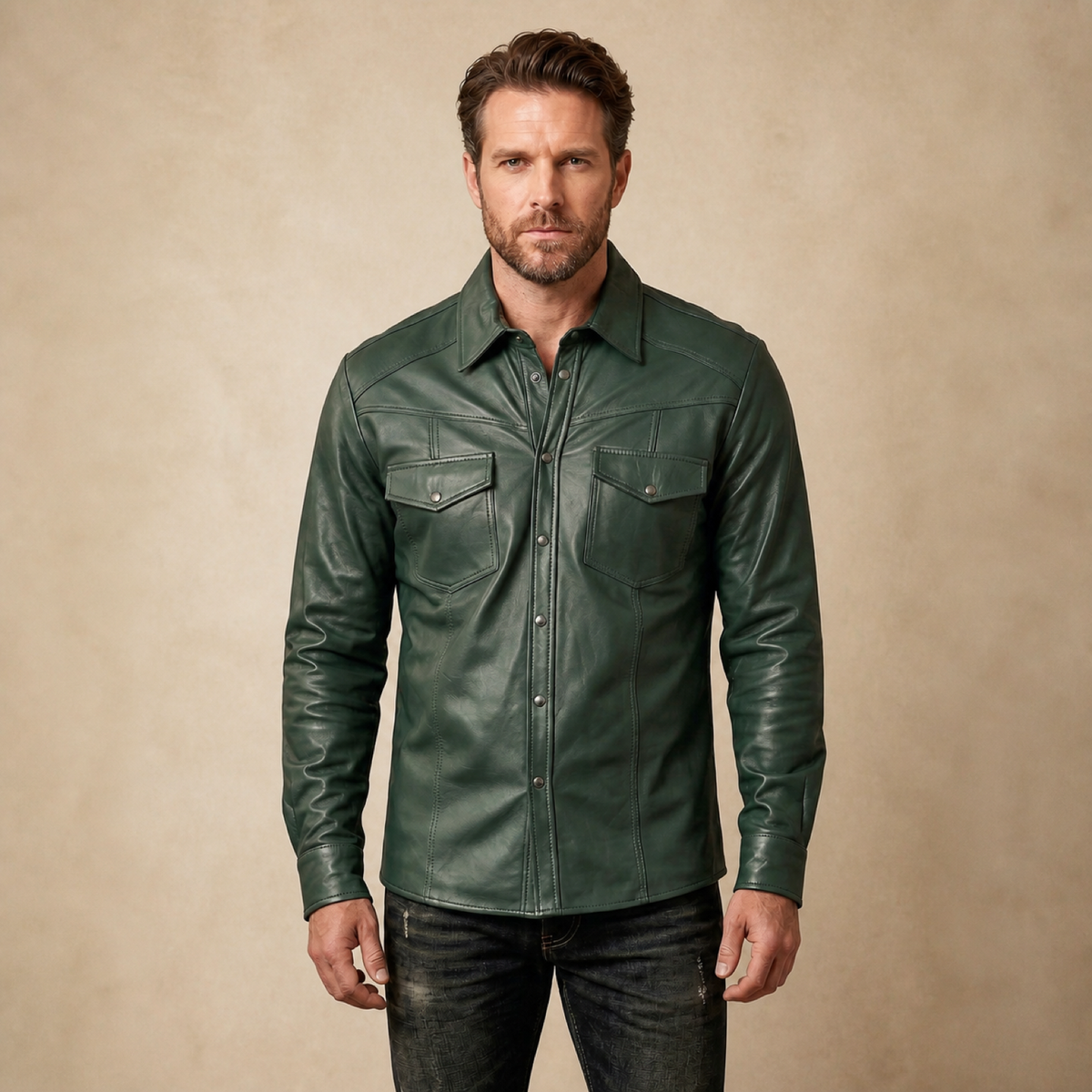 Male model wearing the MOTOGRIP men's green lambskin leather biker shirt, front view