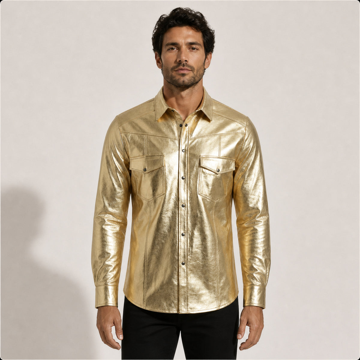 Men's metallic gold lambskin leather shirt shown from the front on a model.
