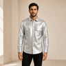 Men's Metallic Silver Lambskin Leather Shirt - motogrip mens metallic silver lambskin leather shirt close up view by MOTOGRIP