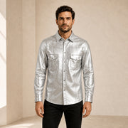 Men's metallic silver lambskin leather shirt shown from the front on a model.