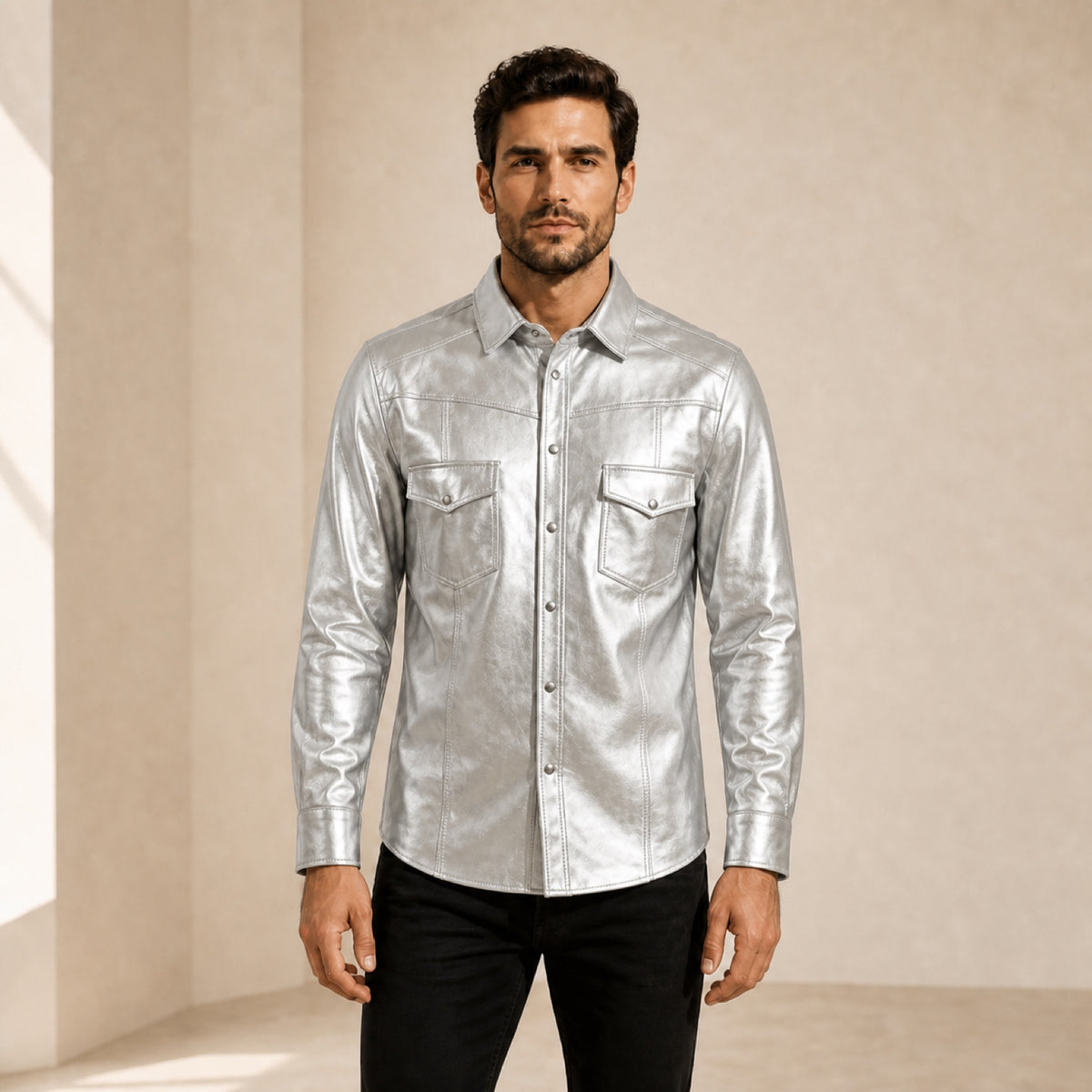 Men's metallic silver lambskin leather shirt shown from the front on a model.