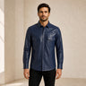 Men's Navy Lambskin Leather Shirt - motogrip mens navy lambskin leather shirt close up view by MOTOGRIP GEAR