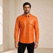 Men's orange lambskin leather shirt shown from the front on a model.