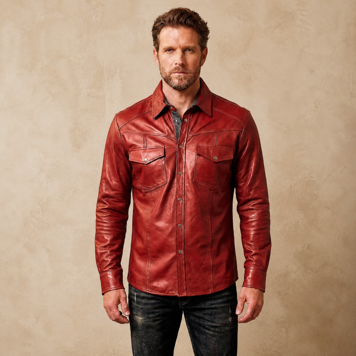 Male model wearing the MOTOGRIP men's red lambskin leather biker shirt, front view