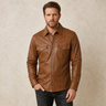 Men's Tan Lambskin Leather Biker Shirt - motogrip mens tan lambskin leather shirt close up view by MOTOGRIP GEAR