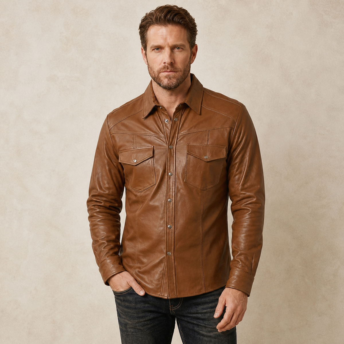 Male model wearing the MOTOGRIP men's tan lambskin leather biker shirt, front view