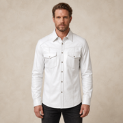 Male model wearing the MOTOGRIP men's white lambskin leather biker shirt, front view