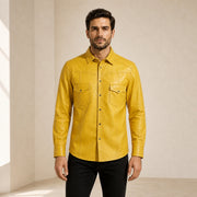 Men's yellow lambskin leather shirt shown from the front on a model.