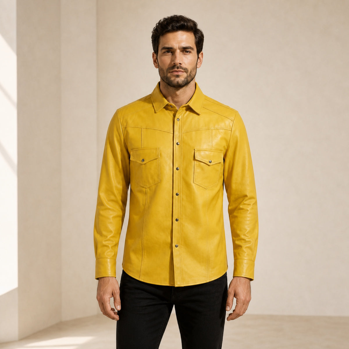 Men's yellow lambskin leather shirt shown from the front on a model.