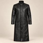 Nightwarden black Napa leather trench coat front product view