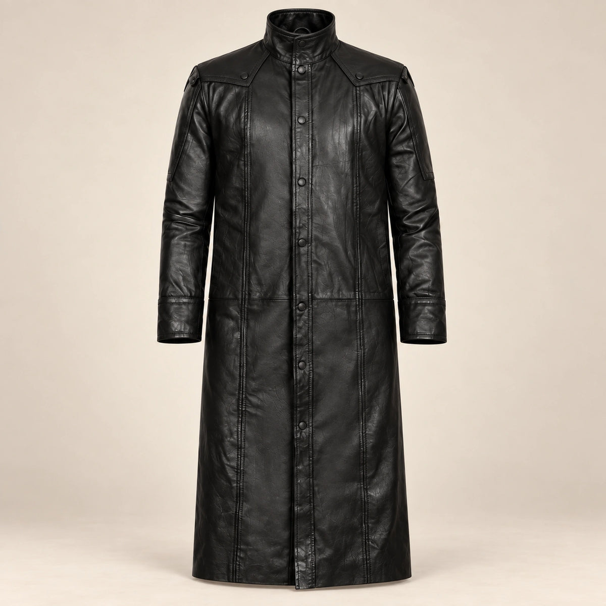 Nightwarden black Napa leather trench coat front product view