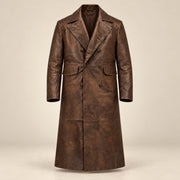Prestwick dark brown burnished Napa leather long coat front product view