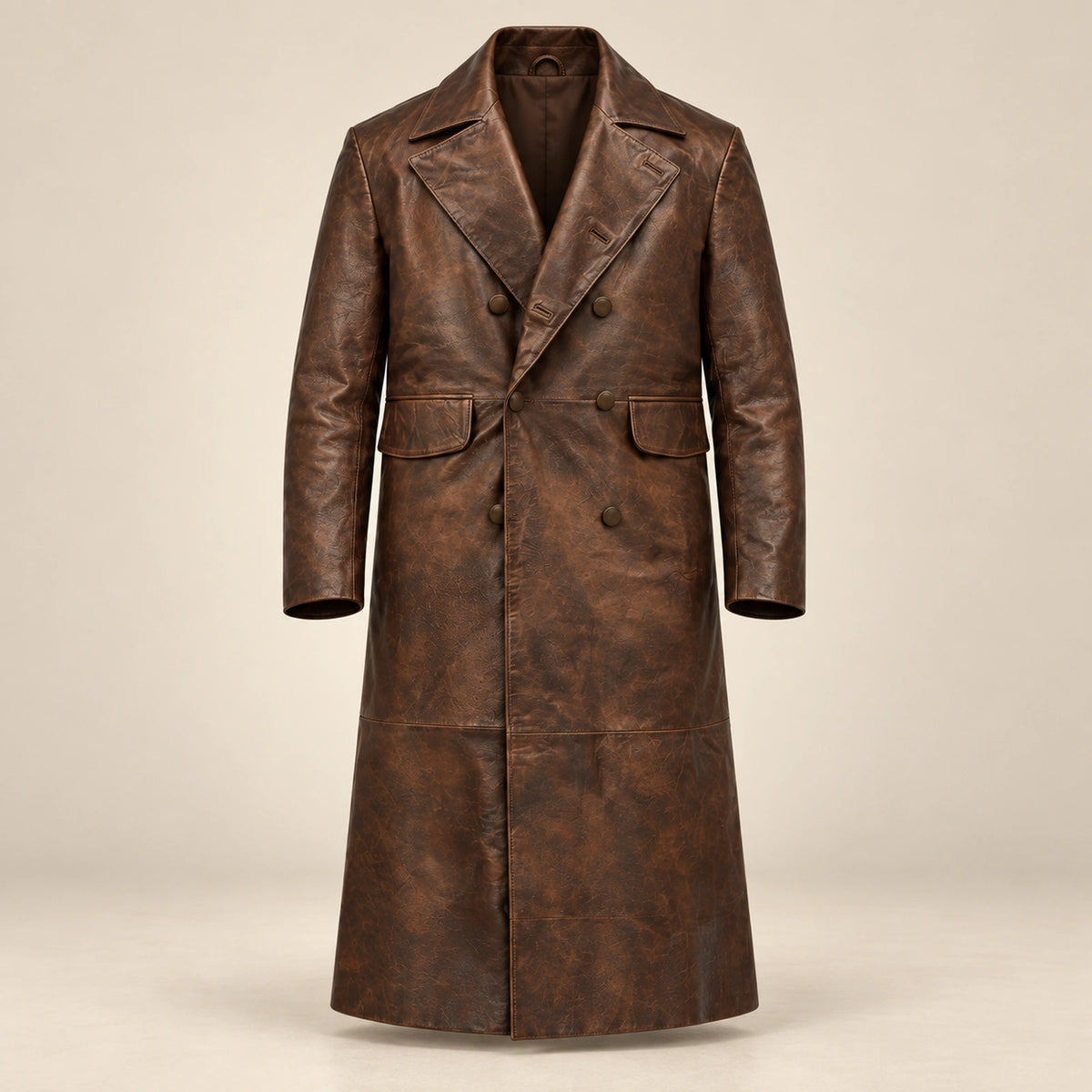 Prestwick dark brown burnished Napa leather long coat front product view