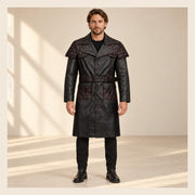 MOTOGRIP Redmere men's Black Quilted Sheepskin Leather Trench Coat, front view on a model.