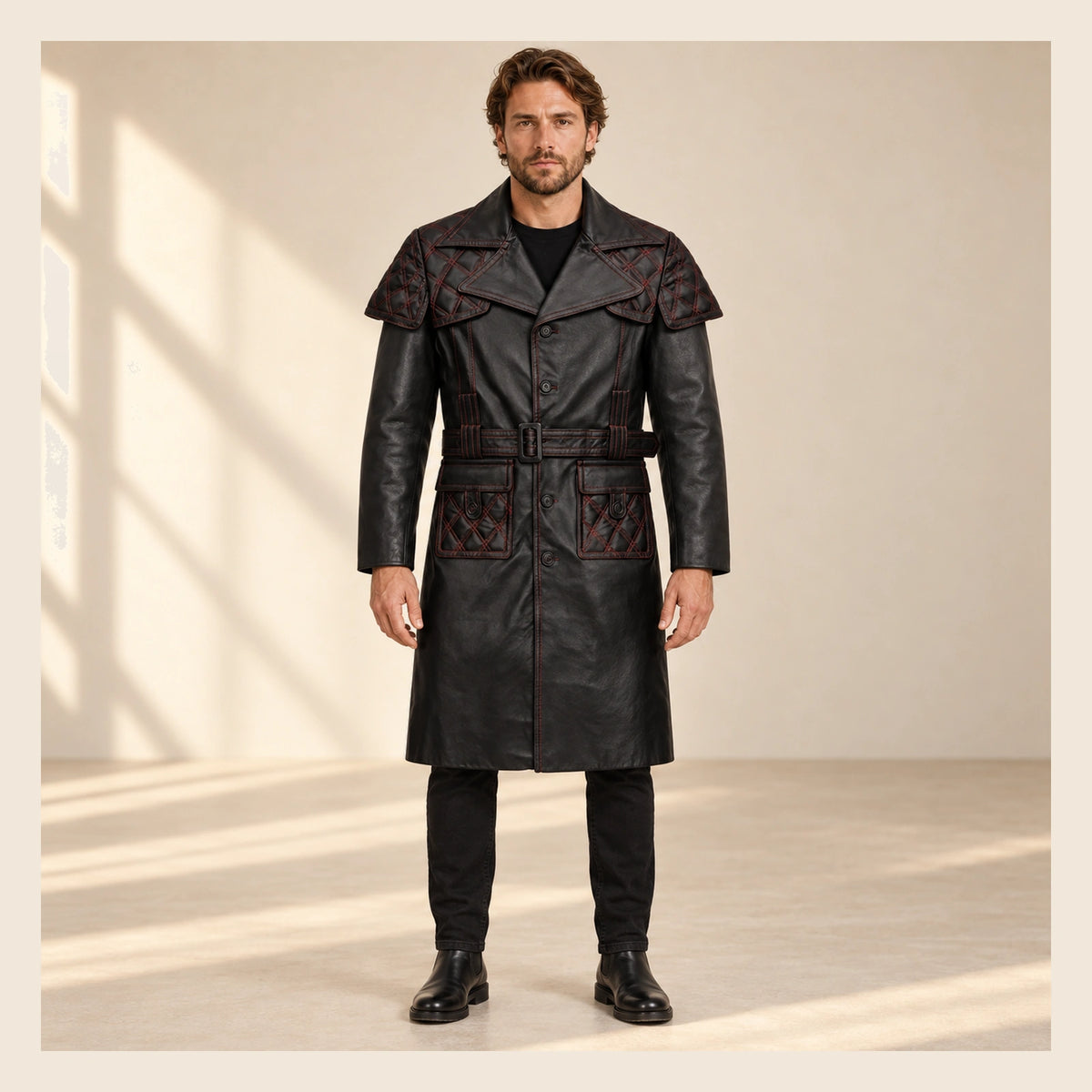 MOTOGRIP Redmere men's Black Quilted Sheepskin Leather Trench Coat, front view on a model.
