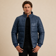 Men's Semi-Aniline Sheepskin Leather Puffer Bomber Jacket - navy blue model open front view by MOTOGRIP GEAR