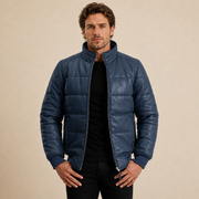 Men's Semi-Aniline Sheepskin Leather Puffer Bomber Jacket - navy blue model open front view by MOTOGRIP GEAR