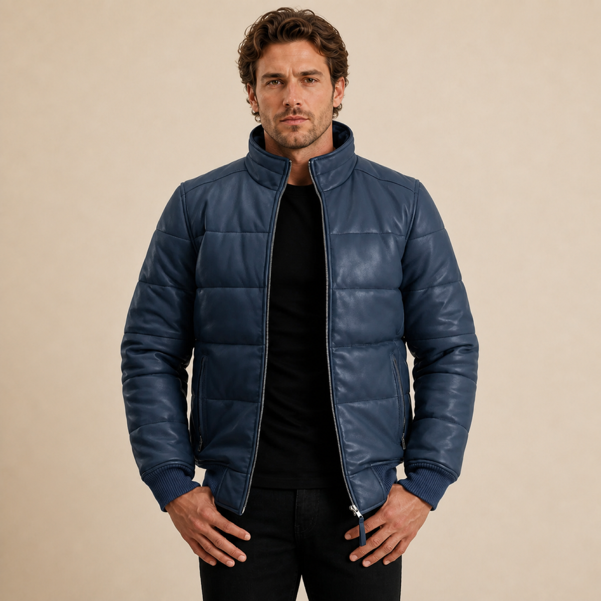 Men's Semi-Aniline Sheepskin Leather Puffer Bomber Jacket - navy blue model open front view by MOTOGRIP GEAR