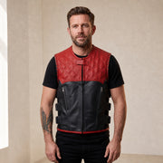Man wearing a red and black cowhide SWAT-style motorcycle vest from the front.