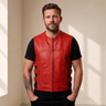 Men's Red SWAT Cowhide Leather Motorcycle Vest - red swat leather vest close up view by MOTOGRIP GEAR
