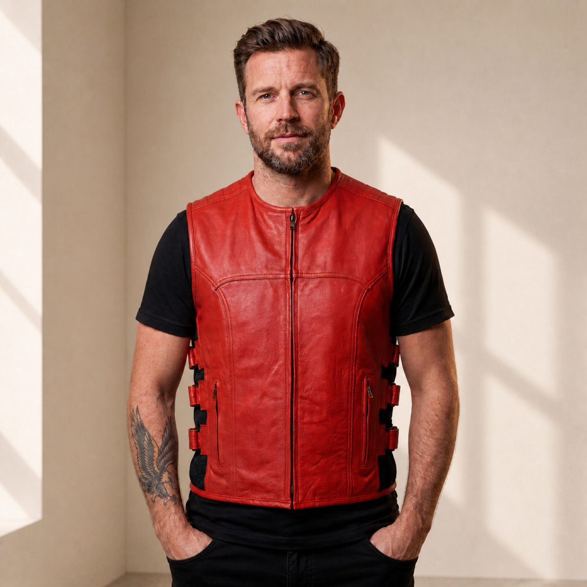 Man wearing a red cowhide leather motorcycle vest from the front.
