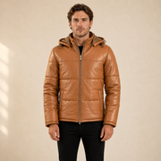 MOTOGRIP GEAR men's tan sheepskin leather hooded puffer jacket, front model view.