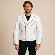Man wearing a white fringe cowhide leather biker jacket from the front.