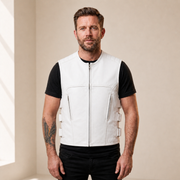 Man wearing a white cowhide leather motorcycle vest from the front.