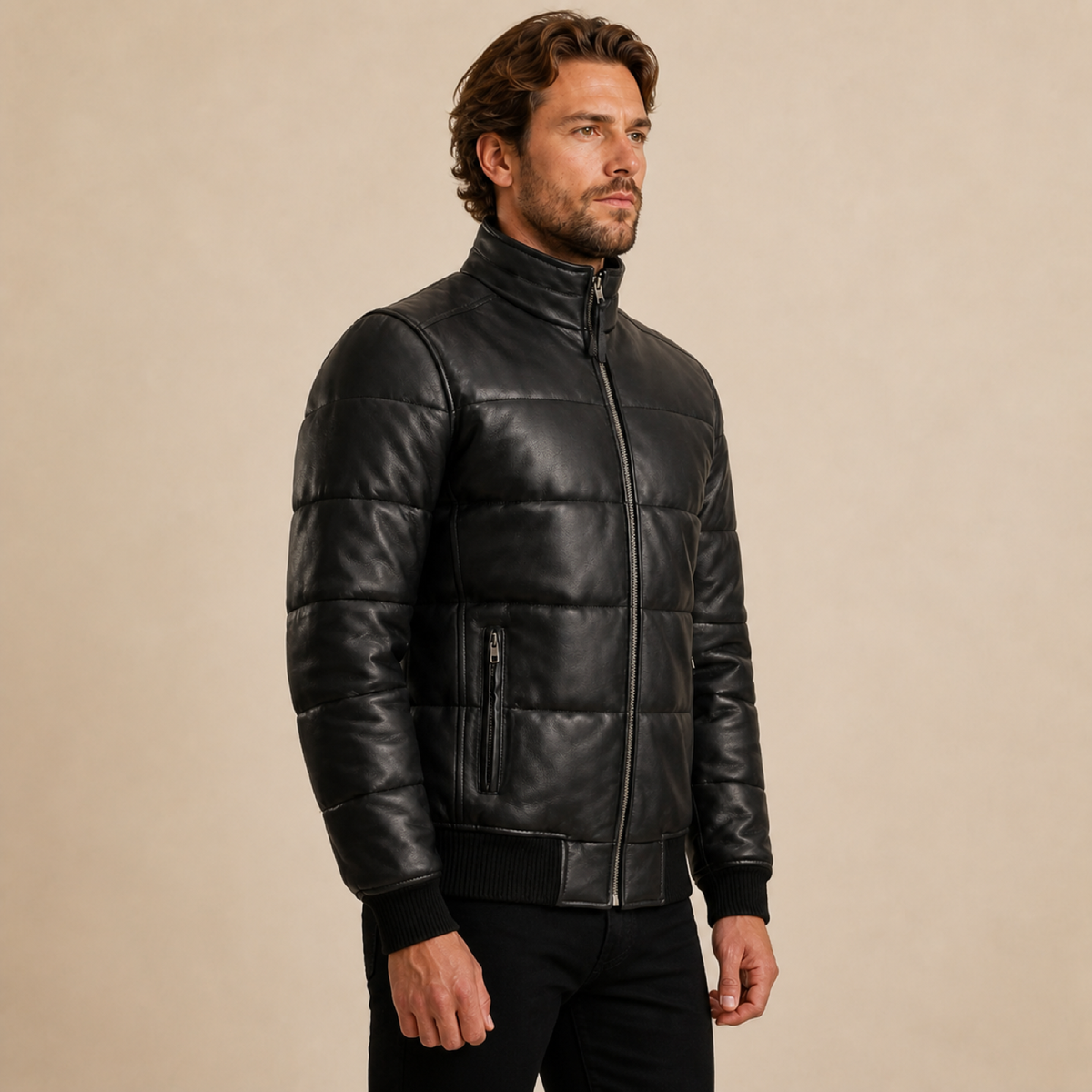 Men's Semi-Aniline Sheepskin Leather Puffer Bomber Jacket - black model side view by MOTOGRIP GEAR