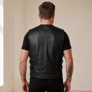 Men's Black SWAT Cowhide Leather Motorcycle Vest - black swat leather vest model back view by MOTOGRIP GEAR